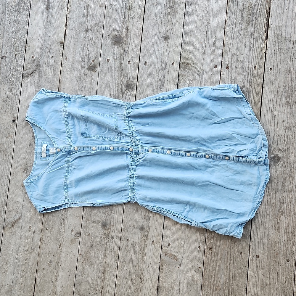 Blue Denim Chambray Pearl Snap Button Down Dress Tunic - Size Small